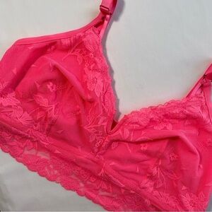 Aerie Women’s Wildflower Lace Triangle Bralette Wirefree Coral Sun Neon Pink XL
